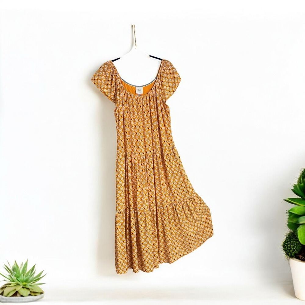 Knox Rose Women's Midi Dress Size M Tiered Pockets Short Sleeve Cottagecore